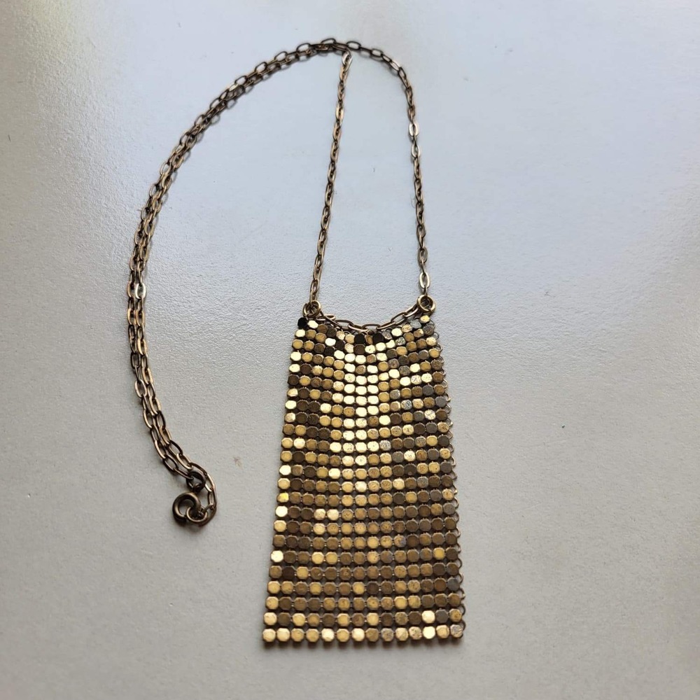 Vintage Whiting & Davis Metal Mesh Necklace  Gold Reworked Pendant